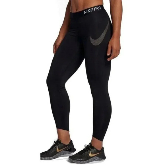 Nike Pro Black Metallic Swoosh Crop Compression Athletic Pants M - Picture 1 of 4
